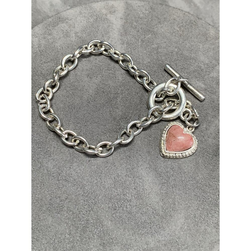 Natural Pink Stone Heart Bracelet Toggle Closure Oval Cable Link 7” Silver Tone